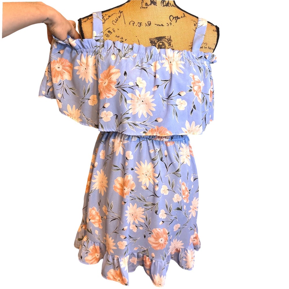 Liberty Love Blue Floral Cold Shoulder Ruffle Mini Dress Small Summer Sundress